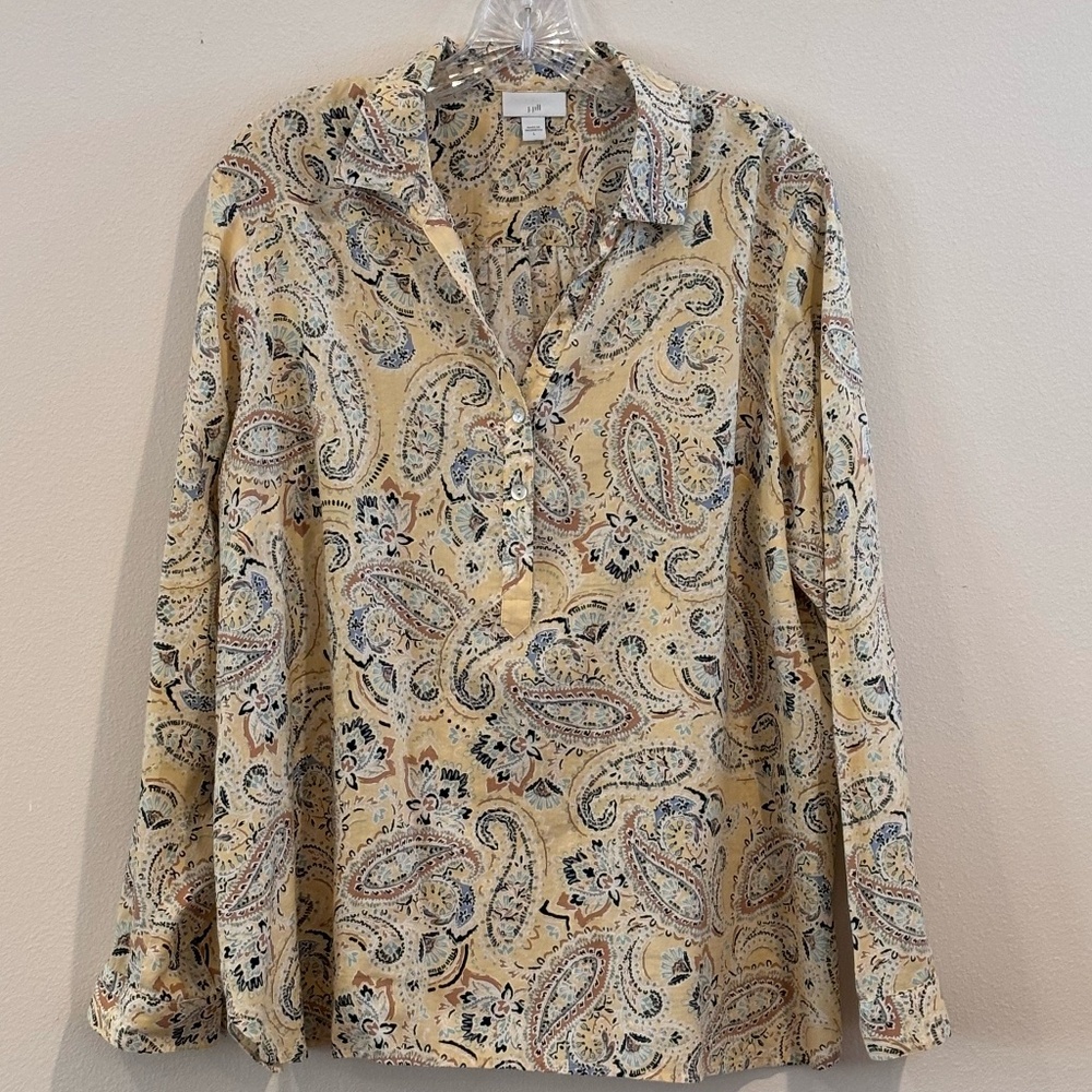 EUC J. Jill Women's Long Sleeve Paisley White Yellow Quarter Front Button Shirt